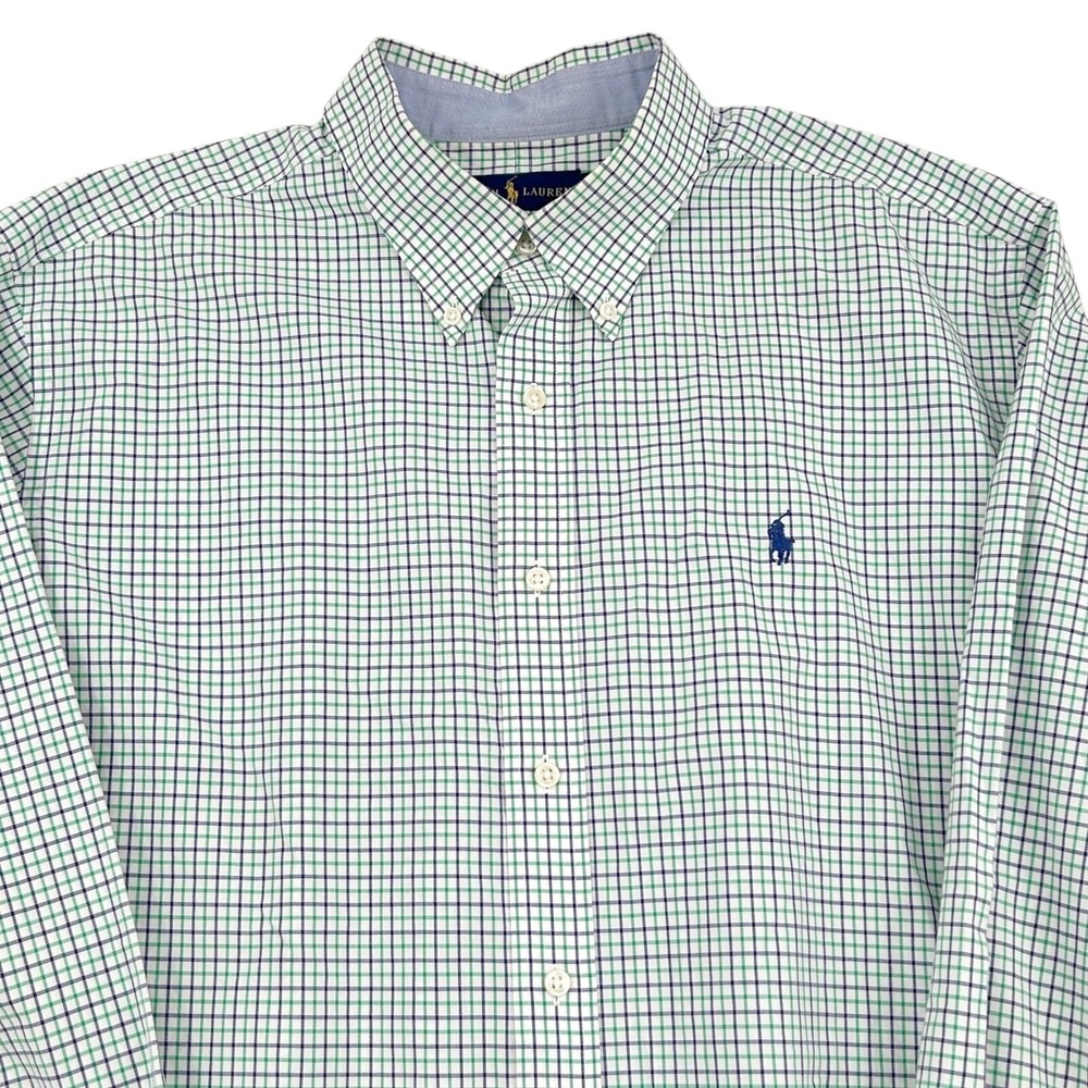 Ralph Lauren Button‎ Down Shirt Mens XL Green Blue Tattersall Classic Fit Preppy